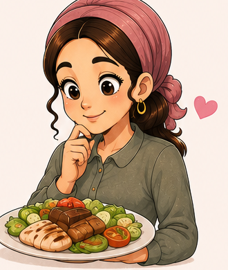 קלילה מסתכלת על צלחת אוכל בריאה